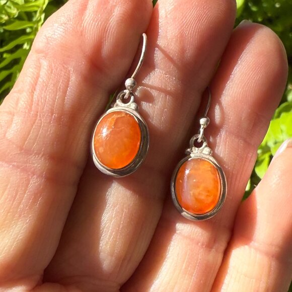 Vintage Sterling Silver & Orange Carnelian Pierced Earrings - Picture 5 of 5